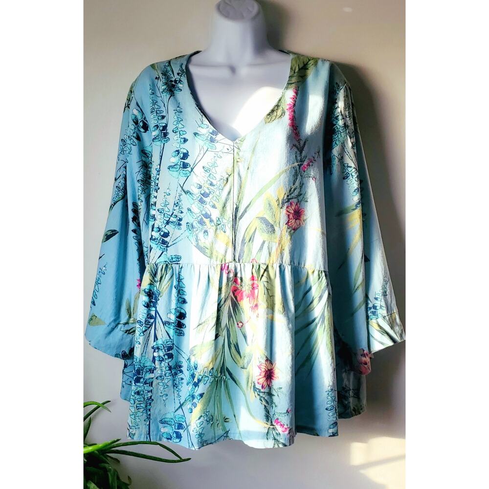 Kaktus Womens BlueTropical Linen Ruffled 3/4 Sleeve Blouse Sulize XXL Boho Beach